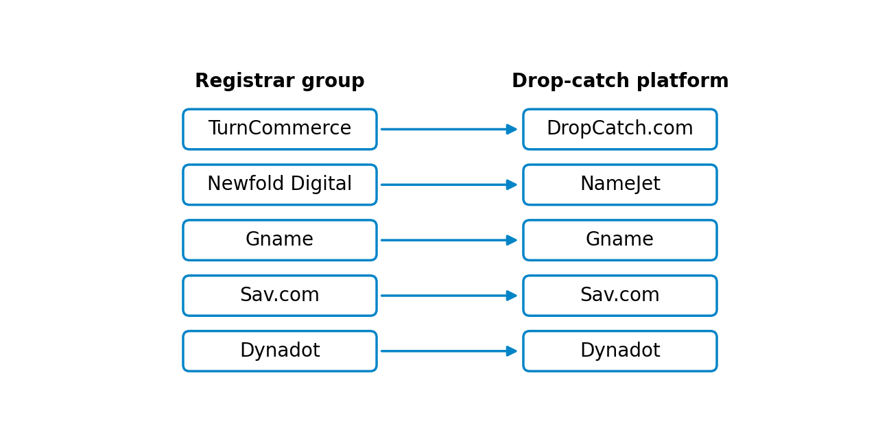 Diagram of registrar groups and their drop-catch platforms: TurnCommerce to DropCatch.com, Newfold Digital to NameJet, Gname to Gname, Sav.com to Sav.com, Dynadot to Dynadot.