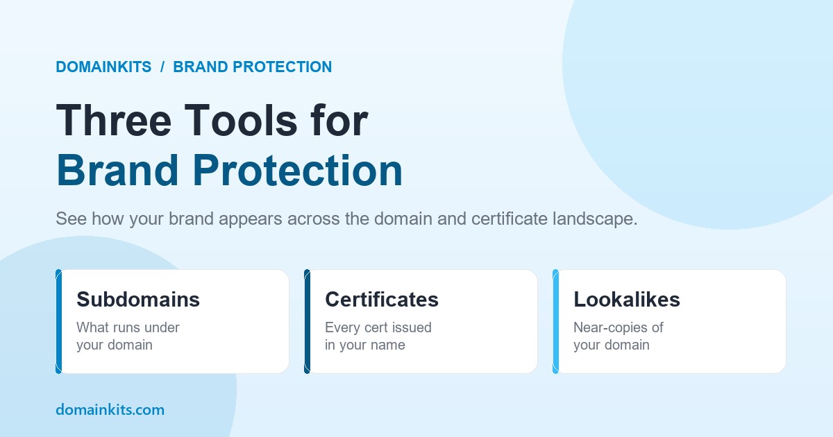 Three brand protection tools: Search New, certificate transparency search, and Typosquat Scanner