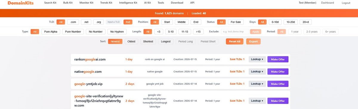 DomainKits Search New results for the keyword google, showing recently registered domains
