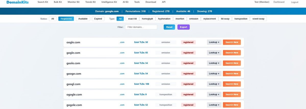 DomainKits Typosquat Scanner results showing domain permutations with registration status