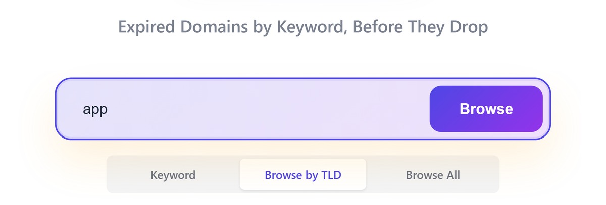 Browse by TLD mode of the expired domain search with app entered, next to the Keyword and Browse All tabs