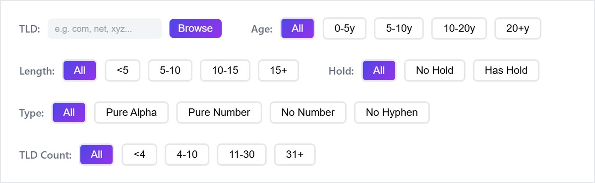 Extension, age, length, hold, type and TLD count filters of the expired domain search