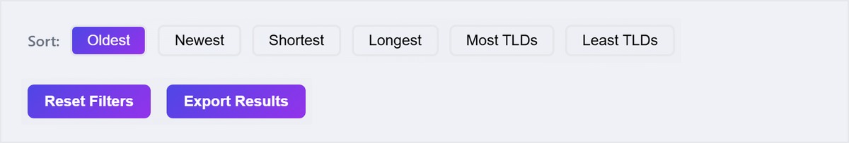 Sort options and the Reset Filters and Export Results buttons of the expired domain search