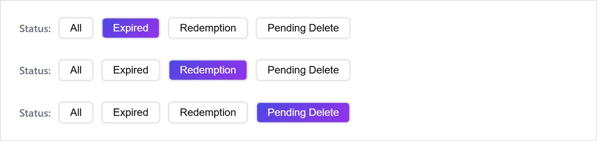 Status filter of the expired domain search set to Expired, Redemption and Pending Delete in turn