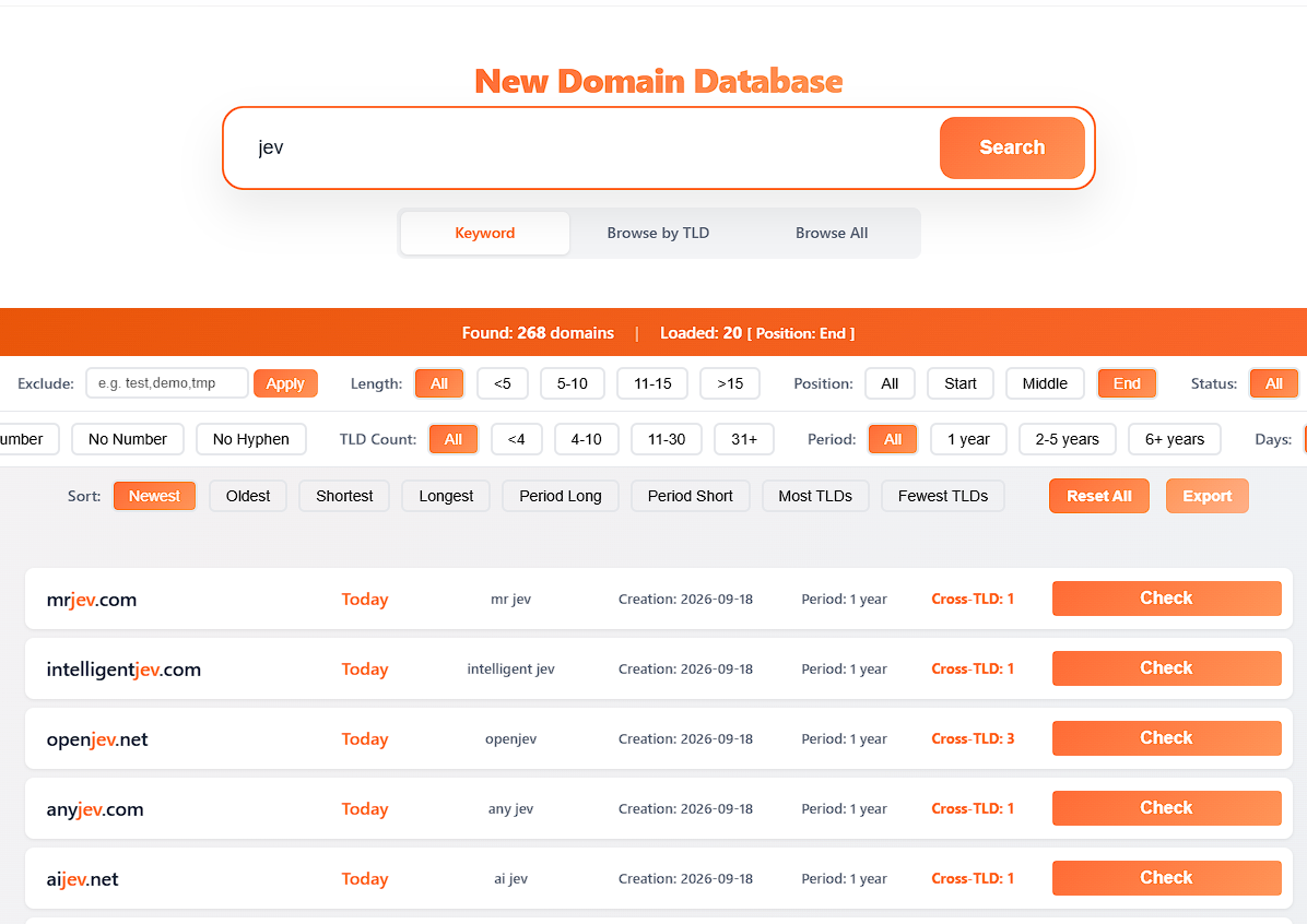 DomainKits newly registered domains search for jev with Position set to End, 268 results, the first ones dated 18 September 2026